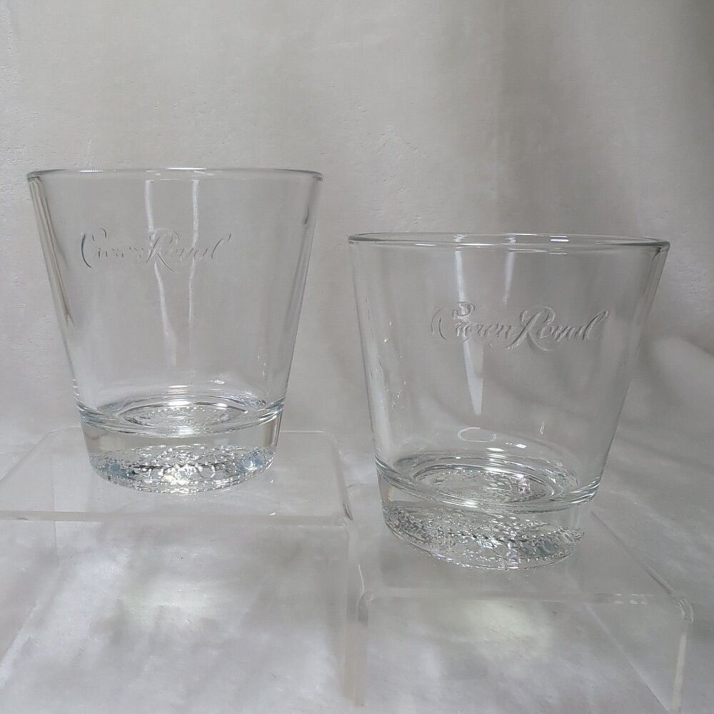 Crown Royal Whiskey Drinking Glass Set of 2 Embossed Logo Round Rocks Lowball